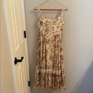 Cream Floral Maxi Dress with Pink & Green Print